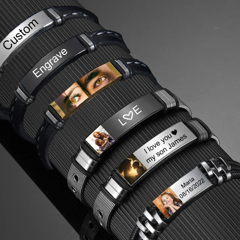 

Nextvance Personalized Punk Bracelet Custom Engrave Name Photo PU Leather Chain Stainless Steel Bangles Unisex Jewelry Gifts