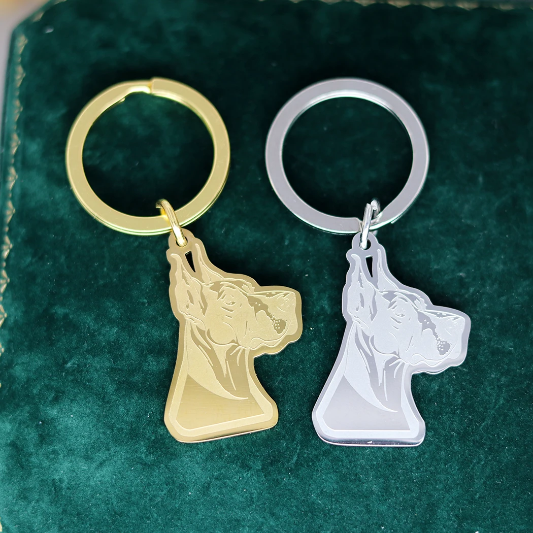 Fashion Golden Great Dane Dog Keychain for Kids Gifts Jewelry Pet Lucky Charms Stainless Steel Car Key Rings Deco Accessories