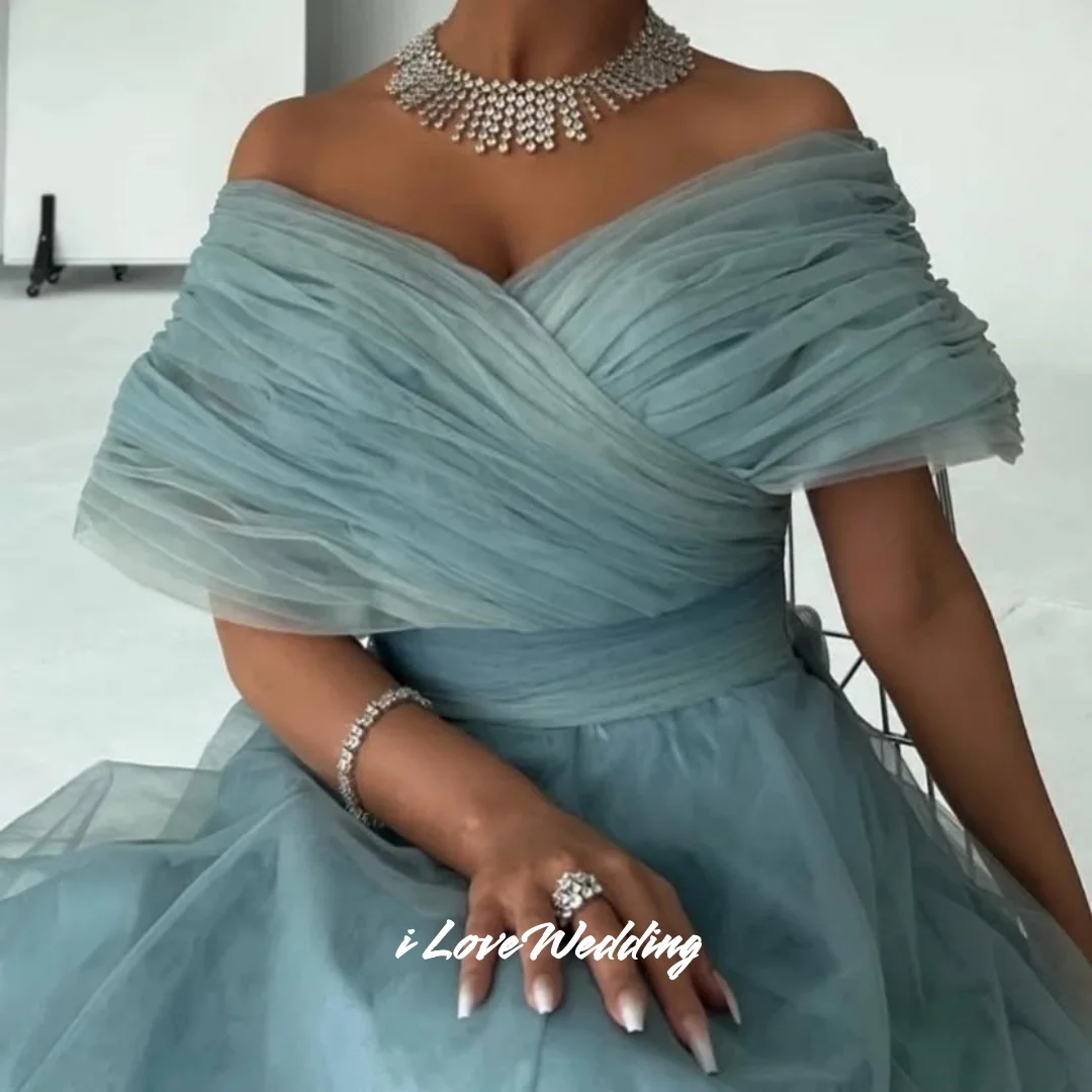 الأزرق الخامس الرقبة فساتين لحضور الحفلات الموسيقية 2025 قبالة الكتف ألف خط الطابق طول عارية الذراعين مطوي فساتين السهرة فساتين الزفاف الضيوف مخصصة #3