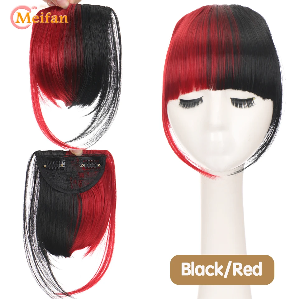 MEIFAN-flequillo corto sintético para mujer, extensiones de cabello postizo Natural, color negro, rojo y rosa