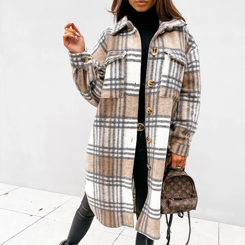 

Women's Plaid Printed Woolen Coat Casual Single-breasted Lapel Autumn and Winter Clothing 2023 Long-sleeved Loose Woolen Coat