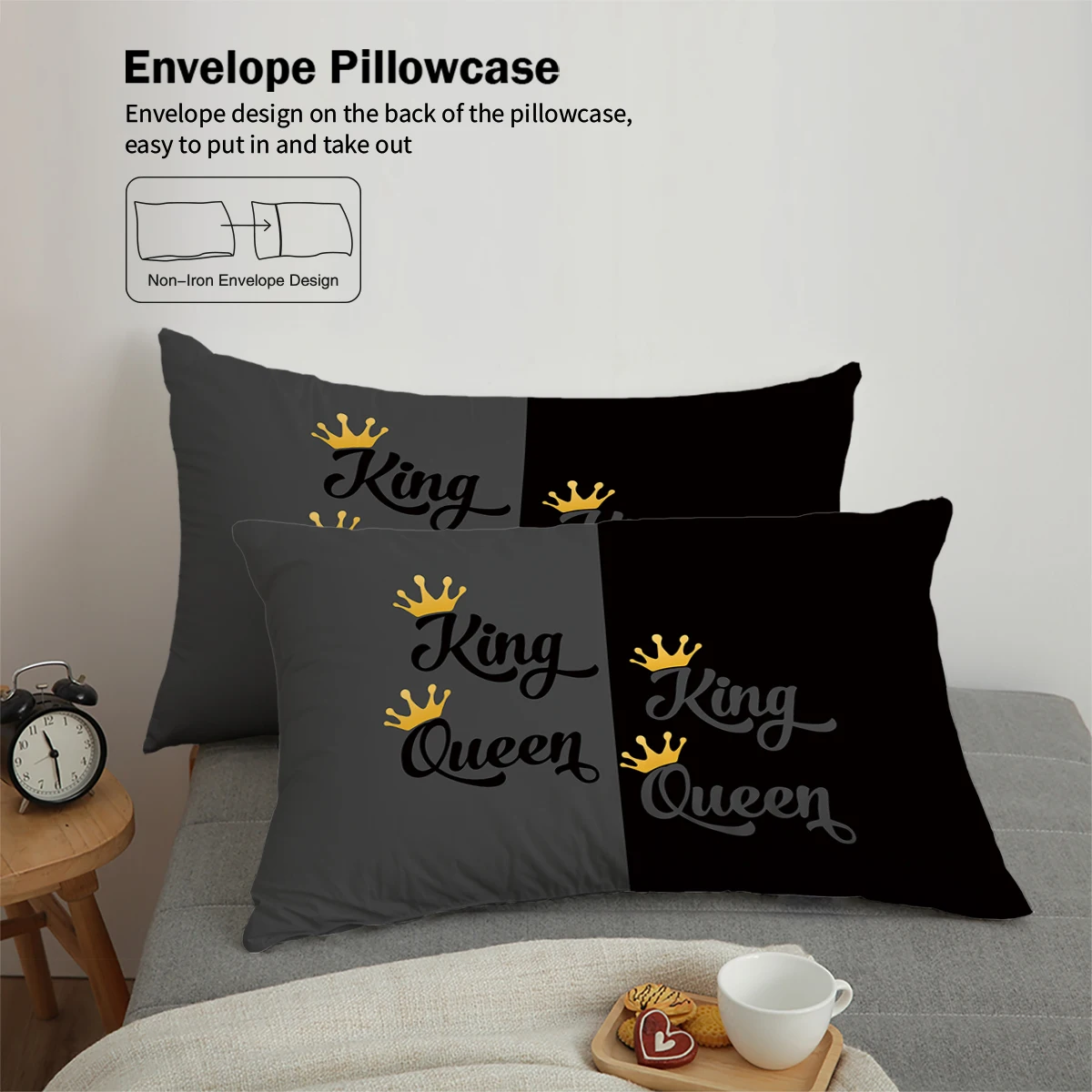 3-piece Couple Black Grey King Queen Pattern Printed Down Duvet Cover (1 piece set+2 pillowcases, no core) Couple Bedding Set