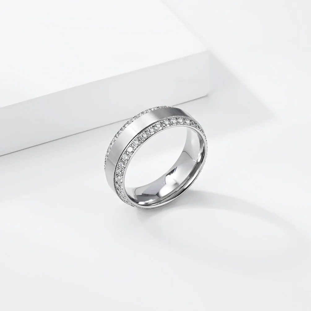 Luxury Double Row Full Cubic Zirconia Rings For Women Accessories Fashion Statement Band Wholesale Stainless Steel Men Jewelry
