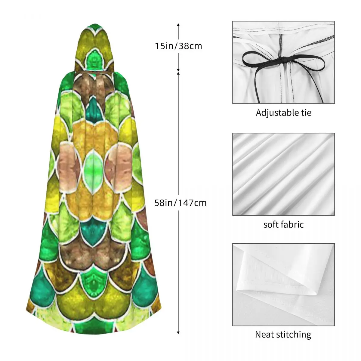 الأخضر والأصفر الموازين نمط طويل مقنعين عباءة الساحرة القرون الوسطى زي تأثيري كيب هالوين مصاص دماء الكبار للجنسين