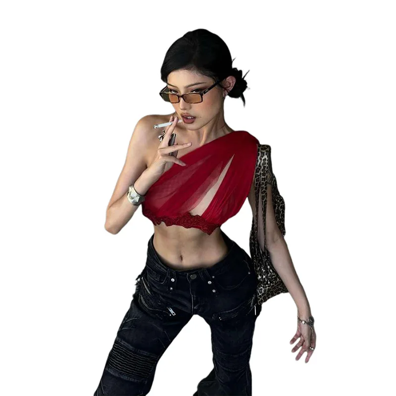 2025 nuove donne di estate abbigliamento sexy personalizzato maglia backless cava spalla inclinata aperto ombelico pizzo T-shirt gilet