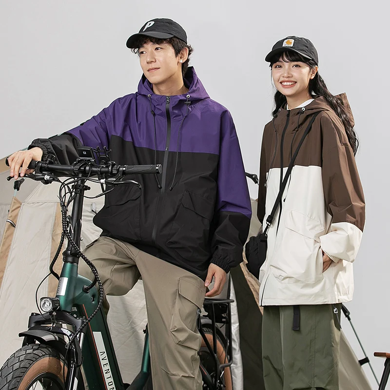 Men's Spring Jacket Casual Patchwork Hooded Zip-up Windbreaker  Outerwear Outdoor Hiking Jacket Male Loose Fashion Streetwear