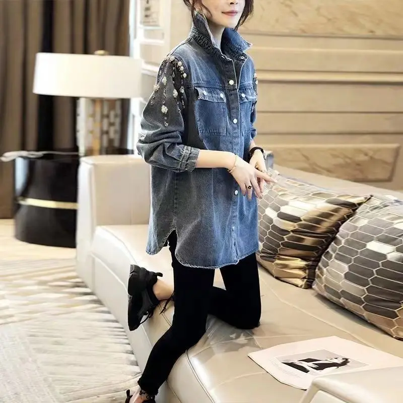 Casual Denim Polo-Neck Shirt Fashion Pearl Beading Spring Autumn Pockets Spliced Female Clothing Single-breasted Loose Blouse