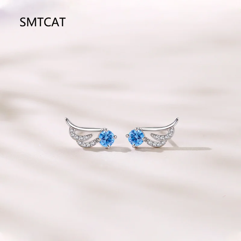 

Round Natural Blue Topaz 925 Sterling Silver Angle Wings Stud Earring for Women Statement Gemstone Jewelry Brincos de Prata