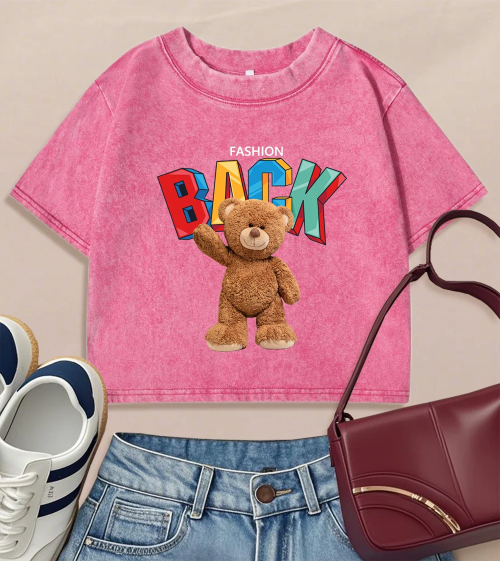 

Модная женская стираная футболка с мультяшным медведем и принтом на спине, хлопковые футболки с круглым вырезом, укороченная уличная одежда для фитнеса, тонкая летняя футболка с коротким рукавом
