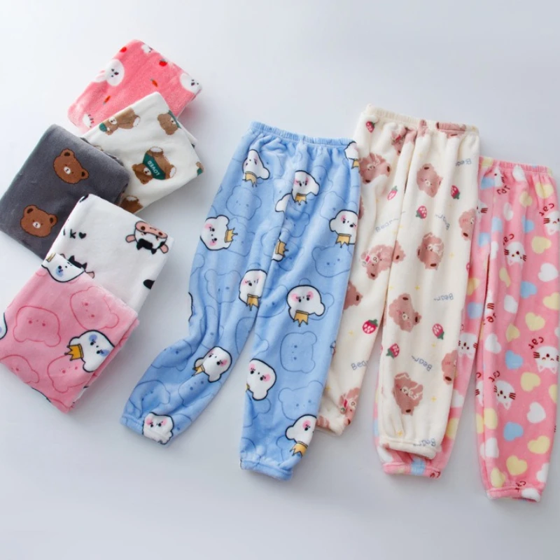 Autumn and Winter Thick Children's Sleeping Pants Made of Coral Fleece Loose Fitting Home Pants for Boys and Girls Warm Pants