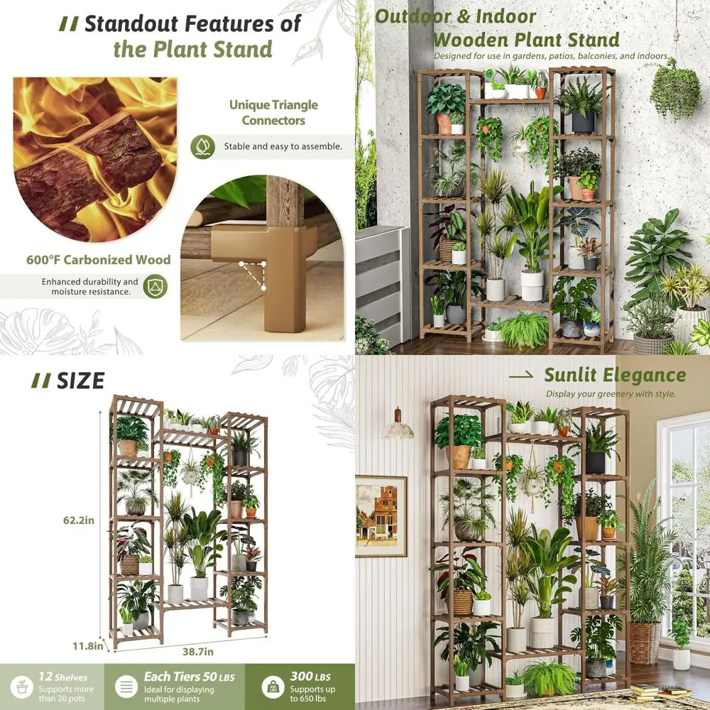 

Многоуровневая деревянная подставка для растений высотой 62,2 дюйма для использования в помещении и на улице, многоярусная витрина для гостиной, сада, балкона или патио