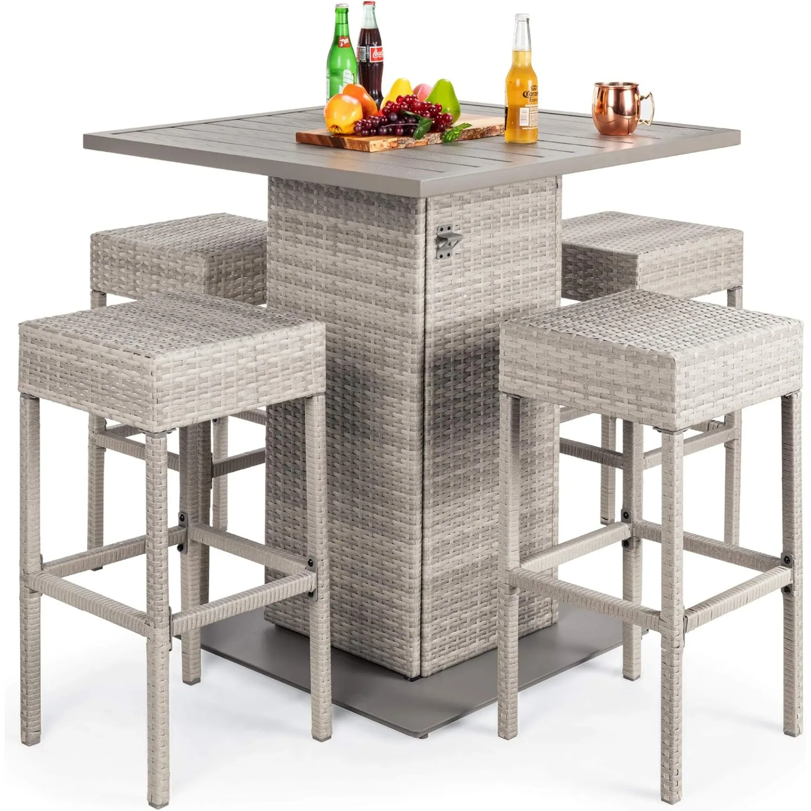 Outdoor Wicker Bar Table Set for Patio, Poolside, Backyard w/Built-in Bottle Opener, Hidden Storage Shelf, Metal Tabletop, 4 Stools - Gray