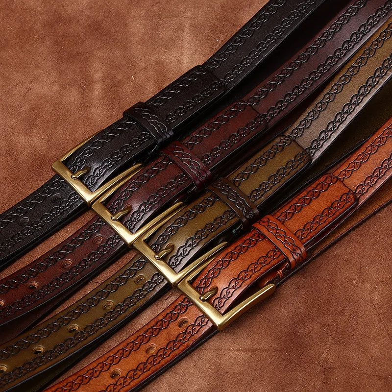 Ремень из воловьей кожи растительного дубления, женская натуральная кожа, модная повседневная индивидуальность, ремень с тиснением в стиле ретро