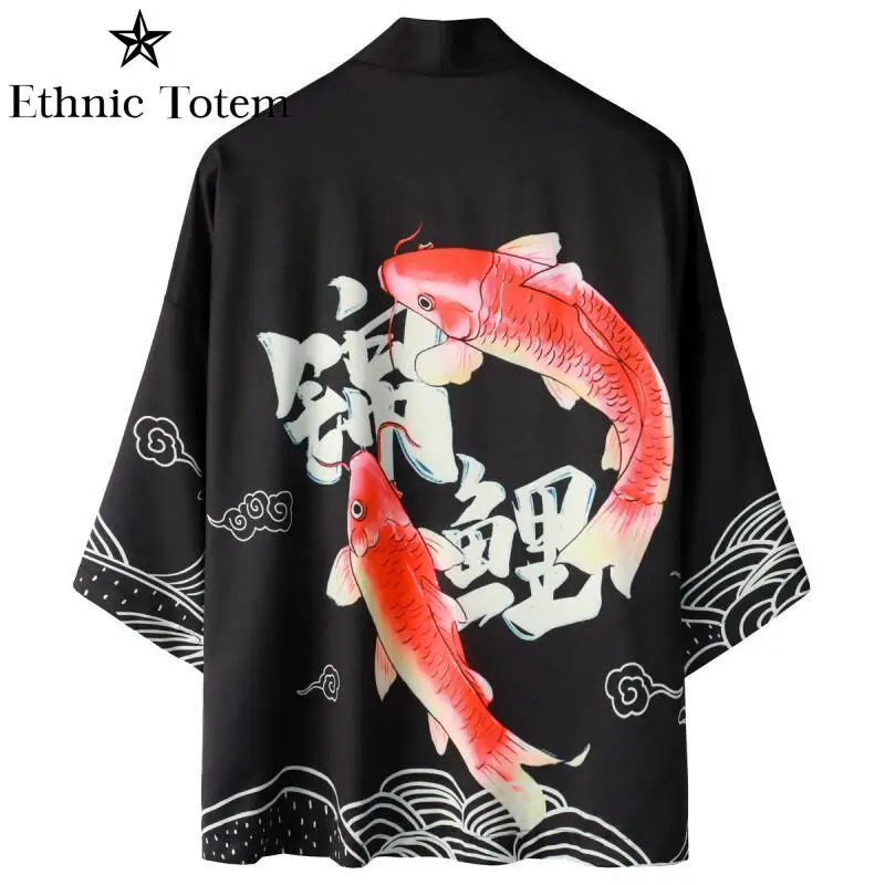 Koi Wave Print Kimono Japanese Casual Loose Traditional Costume Black Cloak Yukata Cardigan Coat Men Woman Cosplay Summer Jacket