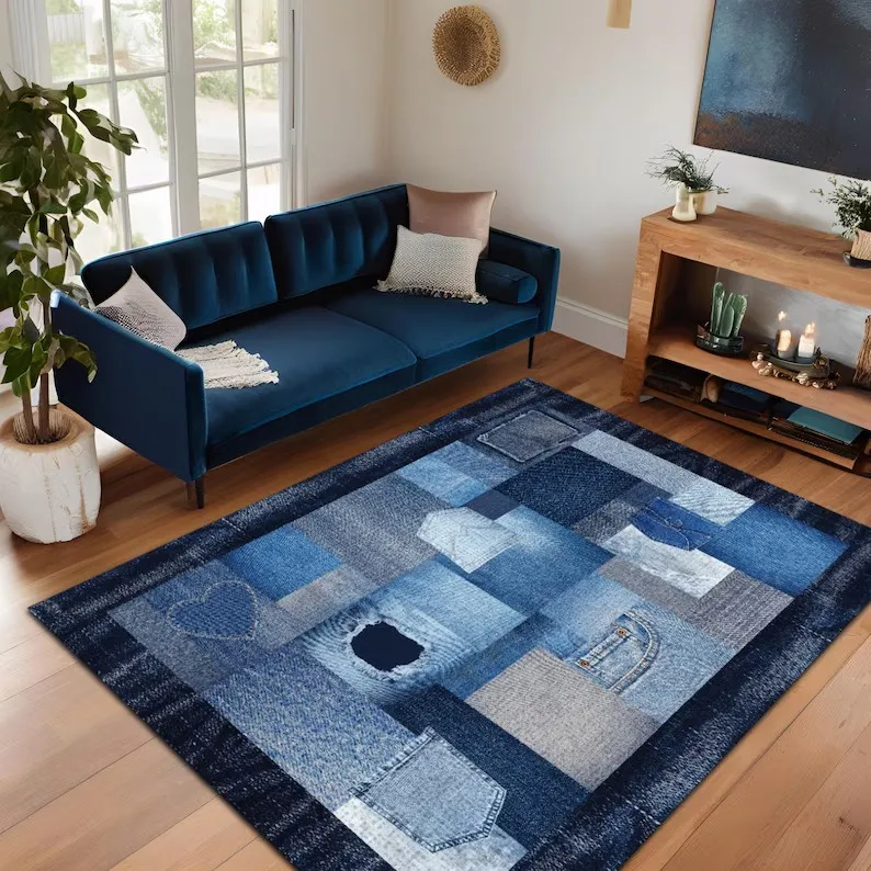 Denim Patchwork Area Rug Woven Blue Jeans Design Rug Blue Series Denim Woven Patterned Printed Carpet Home Decoration
