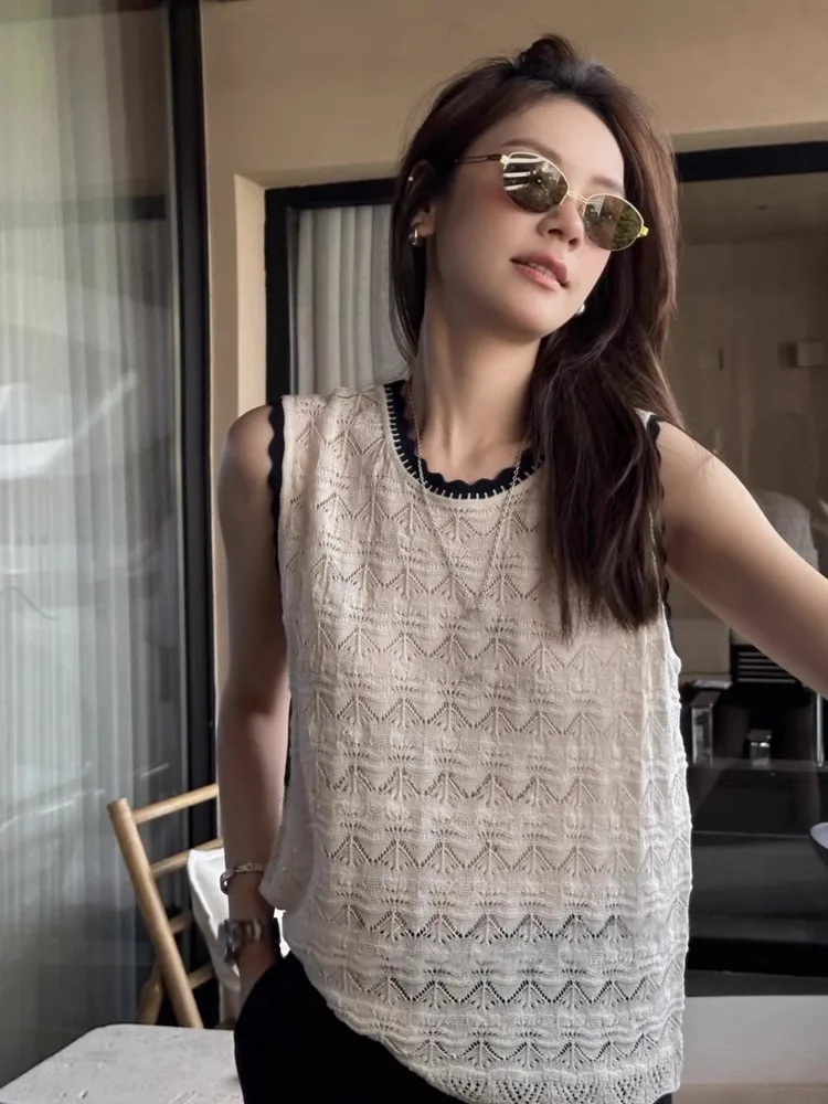 

Модный омолаживающий вязаный жилет из ледяного шелка с цветовыми блоками, приятный для кожи, с круглым вырезом, в корейском стиле, для повседневной носки, с дизайнерским акцентом