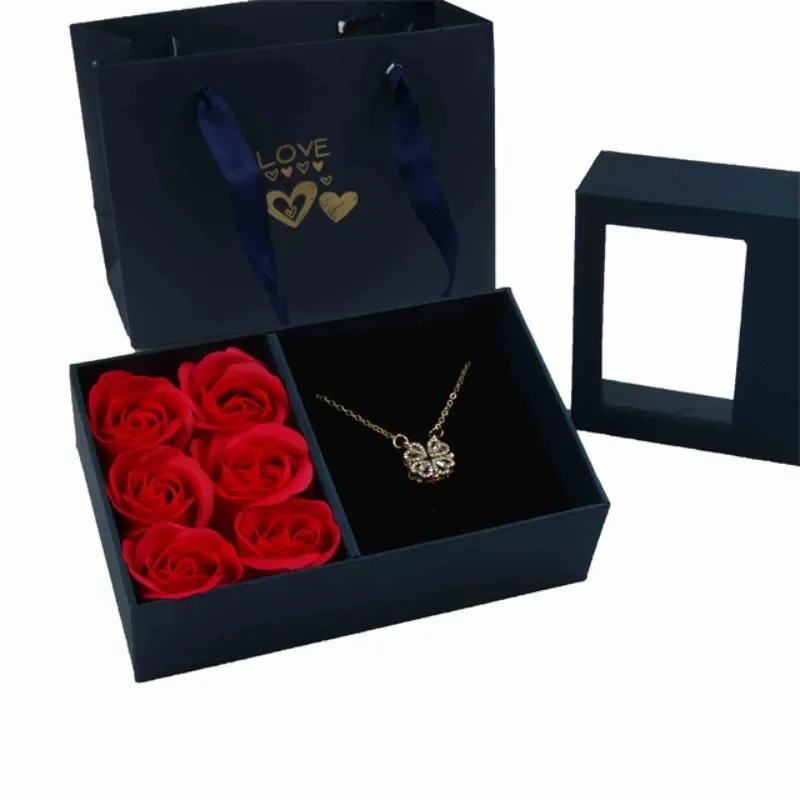 Caja de joyería con apertura de ventana, romántica, 6 colgantes de rosas, anillo, pulsera, joyería de flores eternas para el Día de San Valentín,