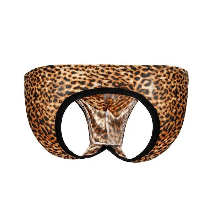 Men's Bikini Mid Waist Underwear Sexy Ice Silk Buttock Open Briefs Leopard Printing Male Seamless Underpants Sissy Panties Homme