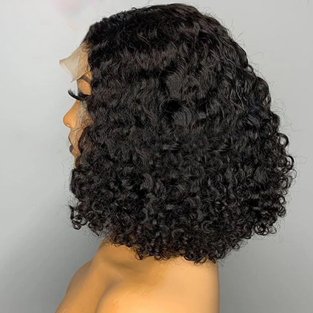 Bob corto Natural negro 180 densidad suave sin pegamento rizado profundo peluca con malla frontal para mujeres con pelo de bebé prearrancado diario
