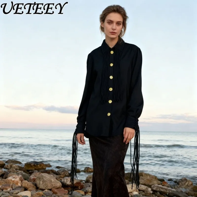 

Lapel Solid Color Long Sleeve Tops 2026 Spring Autumn New Single-Breasted Patchwork Simple Fashion Slimming Shirt for Women