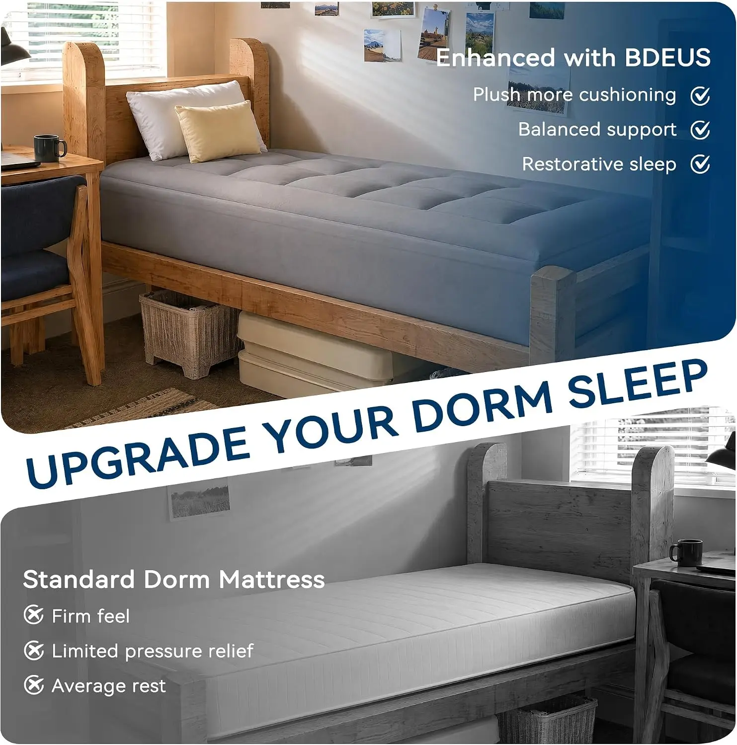 Twin XL Memory Foam Mattress Topper, 5 Inch Dual Layer Design - 2 Inch Gel Memory Foam Plus 3 Inch Pillow Top, Dark Gray Mattress Pad Cover for Dorm Room, Back to School Essentials