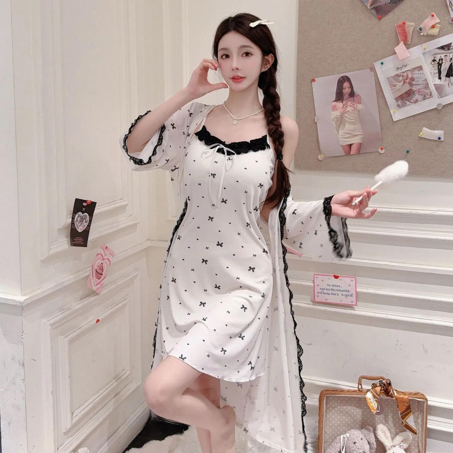 ผู้หญิงลูกไม้ Trim เสื้อคลุมอาบน้ํา Nightgown 2PCS เซ็กซี่น้ําแข็งผ้าไหม Robe ชุดพิมพ์ซาตินผู้หญิง Nightie บ้านชุด