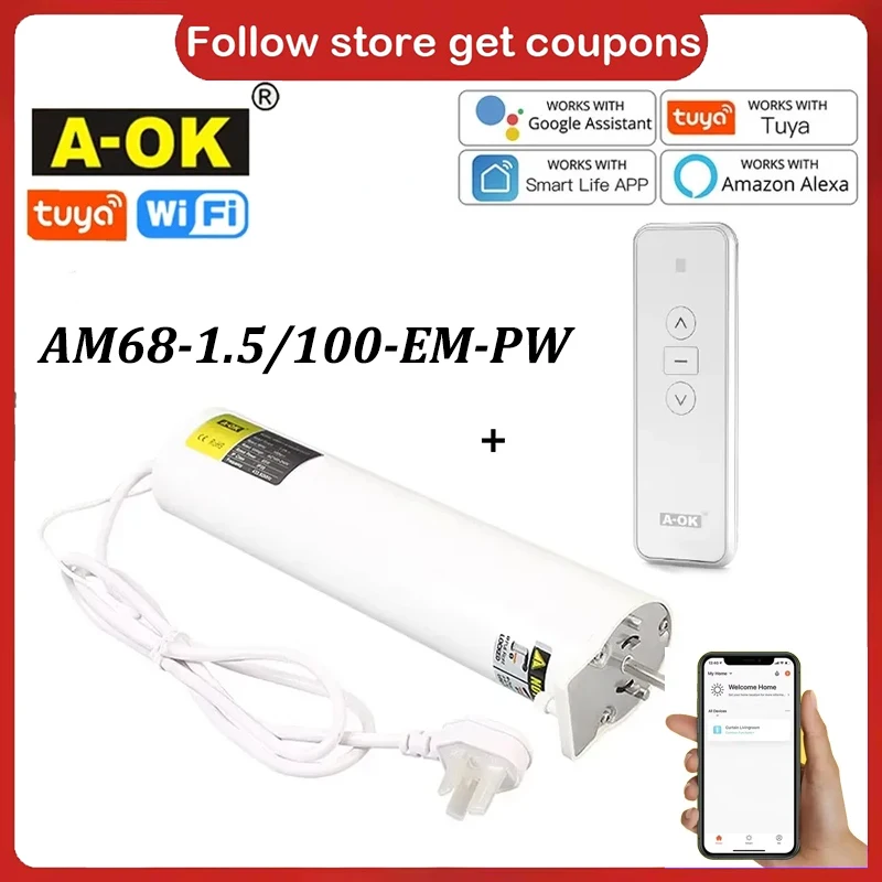 

A-OK AM68 1.5/100-EM-PW Silent Curtain Motor with WiFi Tuya RF433 485 Dry Contact Control Voice Control via Alexa Google 100-240