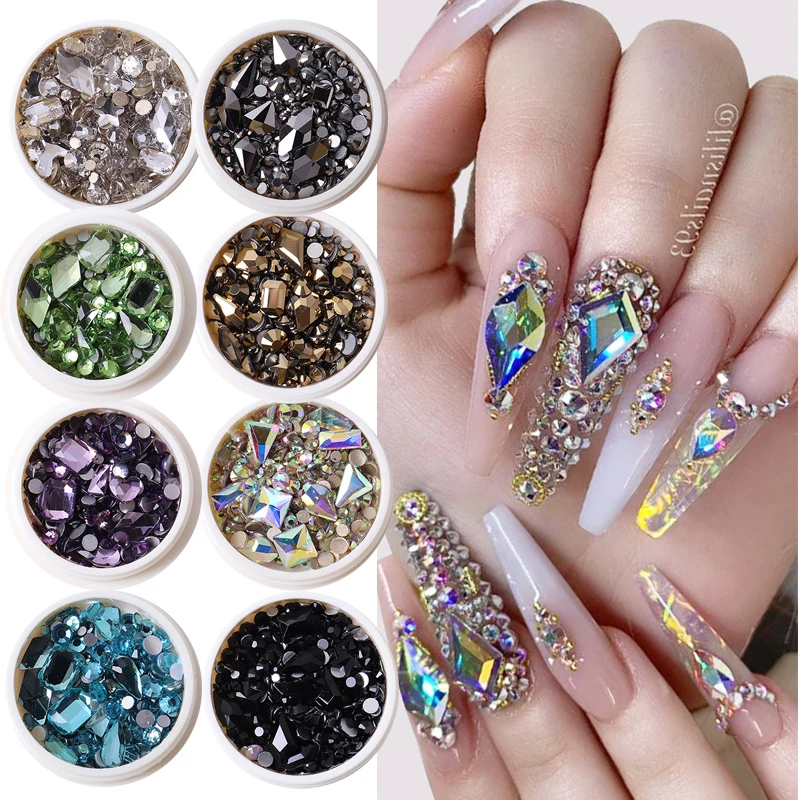 

1Box Acrylic Rhinestones Nail Gem 3D Mixed Size Shape Crystal AB Flat Back Nail Rhinestone Colorful Nails Jewelry DIY Manicure