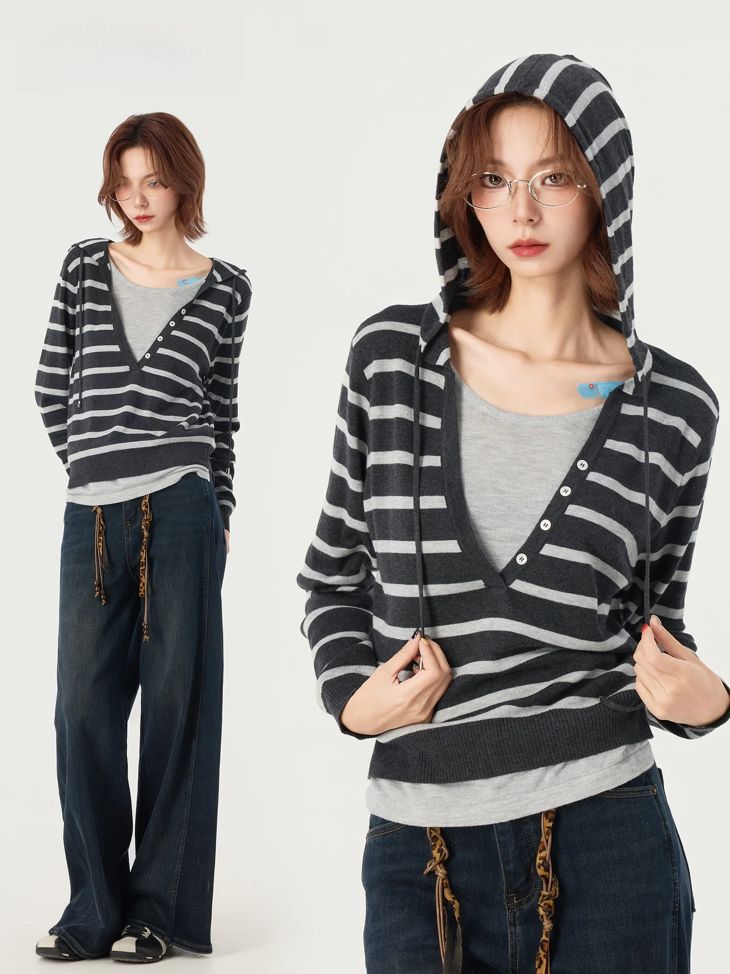 

Didimax Winter New Hooded Knitted Sweater Casual Women's Top Stripe Pattern Fake Two-Piece Sle Long Sve Nylon Fabric