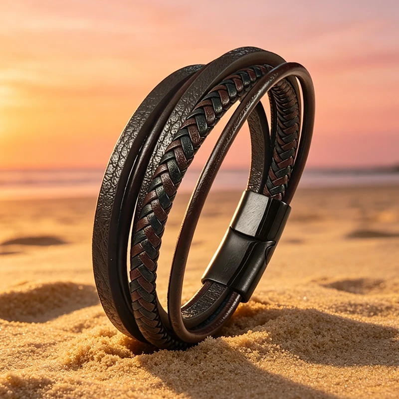 Vintage Men Leather Bracelet Brown Braided Multi-layer Stainless Steel Clasp Casual Wristband Jewelry Gift for Boyfriend