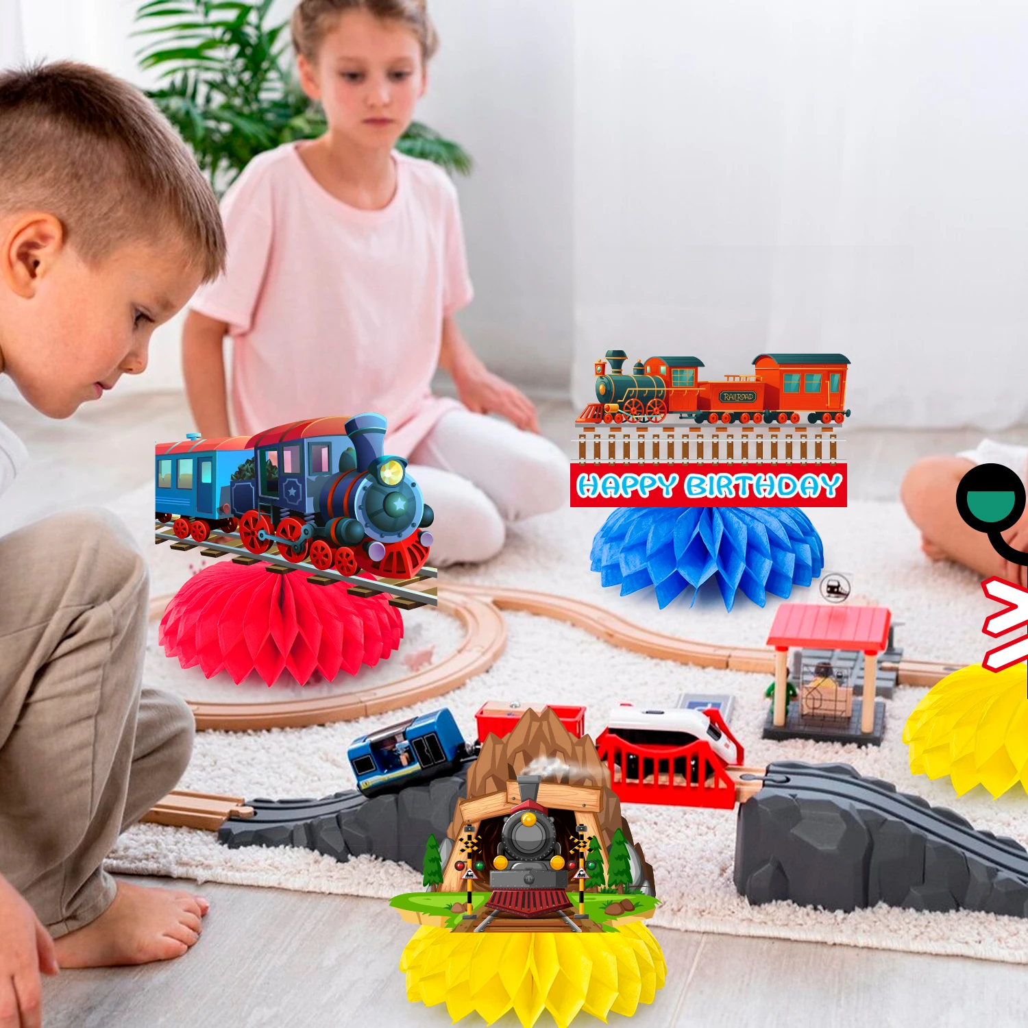 Railroad Train Honeycomb Centerpieces,9pcs Railway Train Party Centerpieces&Railroad Crossing Sign Decoration for Kids\' Party