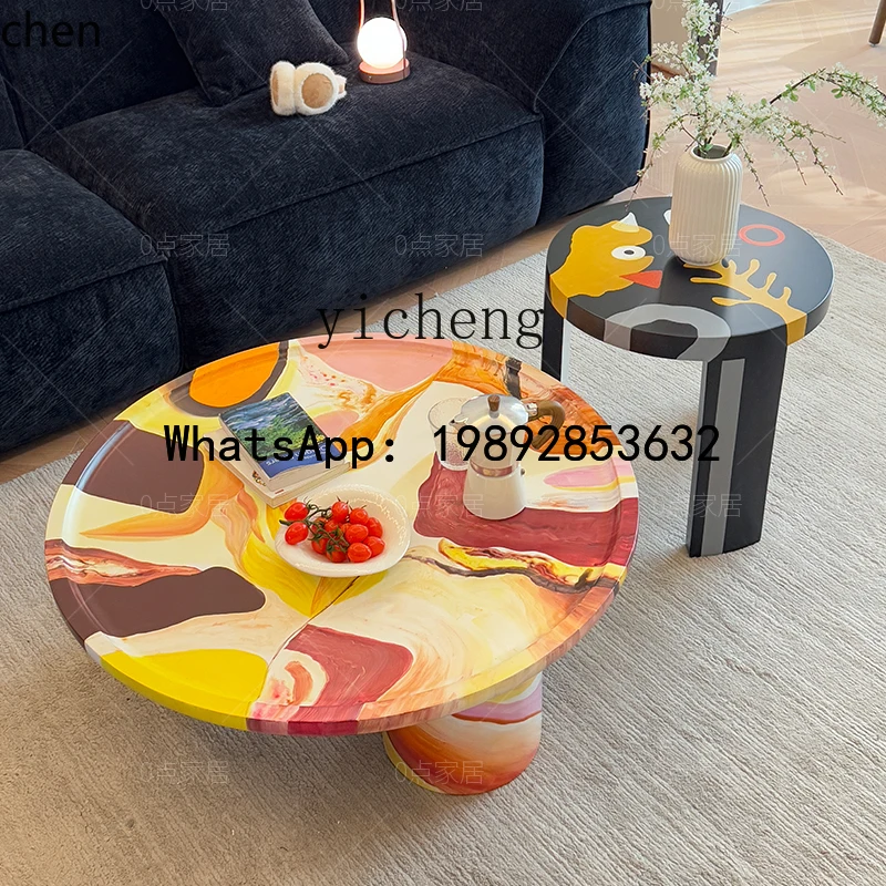 HT  medieval creative light luxury painted solid  living room hand painted oil painting personality round coffee table