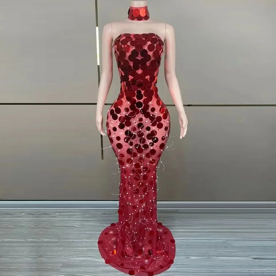 

Fashion Pearls Tassel Red Sequins Sexy Strapless Mesh Package Hips Fishtail Dress Women Celebrate Birthday Evening Party Dress