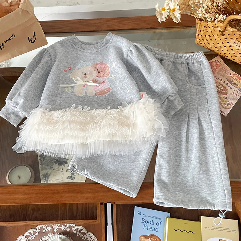 

QT259810Girls Suit2025Autumn New Mesh Puffy Hem Sweatshirt Wide-Leg Casual Pants Trendy