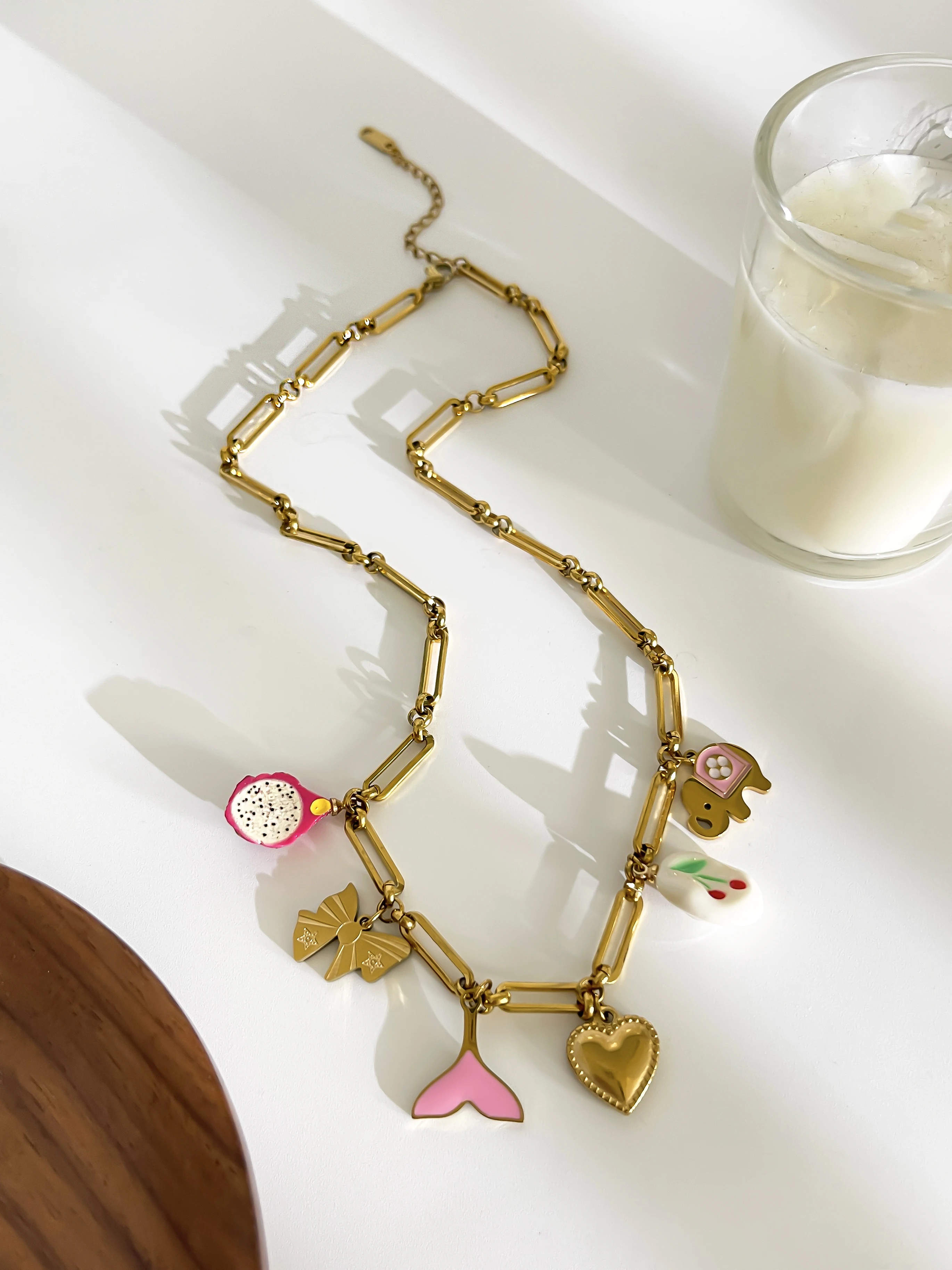 GHIDBK New Fashion Stainless Steel Handmade Daily Jewelry Women Dainty Cute Heart Bowknot Elephant Fish Tail Pendant Necklace