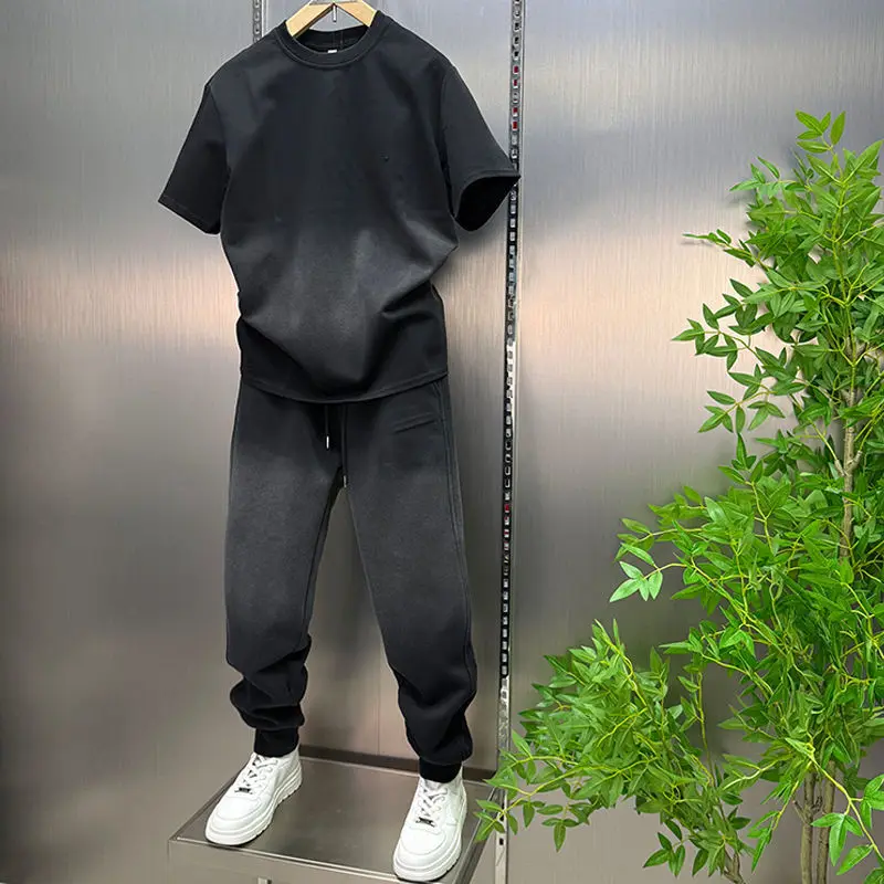 Men's high-quality casual suit, fashionable full set dyed top, pants, Korean 2pcs loose and comfortable sportswear