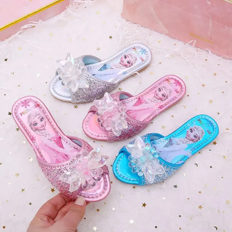 Disney Children\'s Sandals Frozen Slippers Fashion Elsa Princess Shoes Crystal Flowers Non-slip Blue Pink Silver Girls\' Sandals