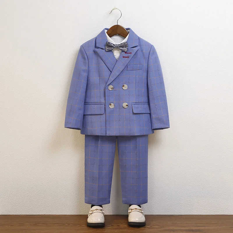 Autumn 1-10Y Boys Plaid Suit Loose Blazer Vest Pant Children Boys Suits Outfits Set British Gentleman's Photography Suit For Boy