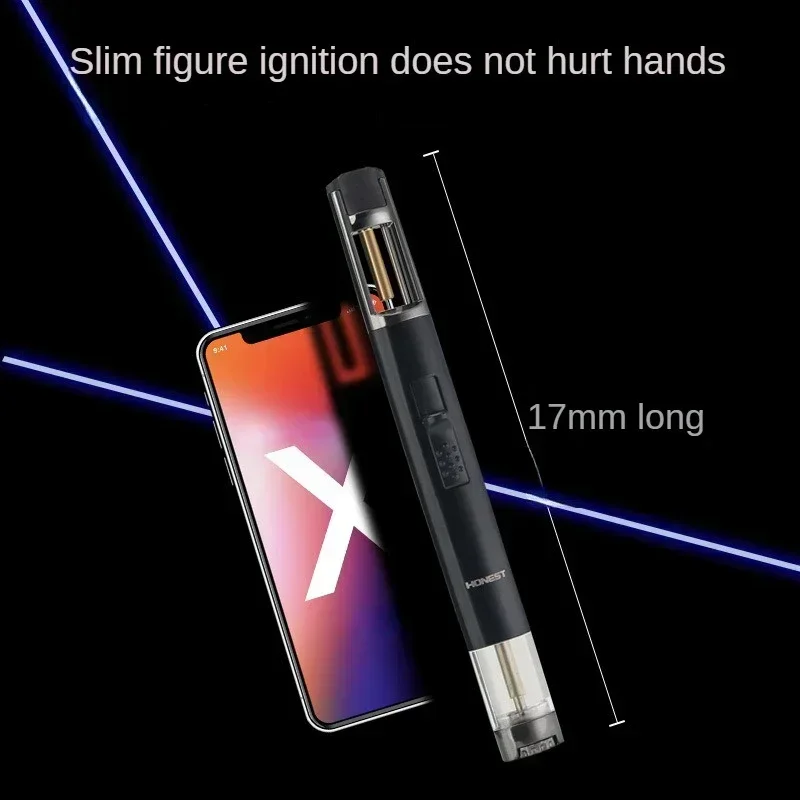 HONEST Metal Extended Visible Gas Box Windproof Cigar Lighter Butane Gas Straight Jet Blue Flame Inflatable Lighter Kitchen Gift
