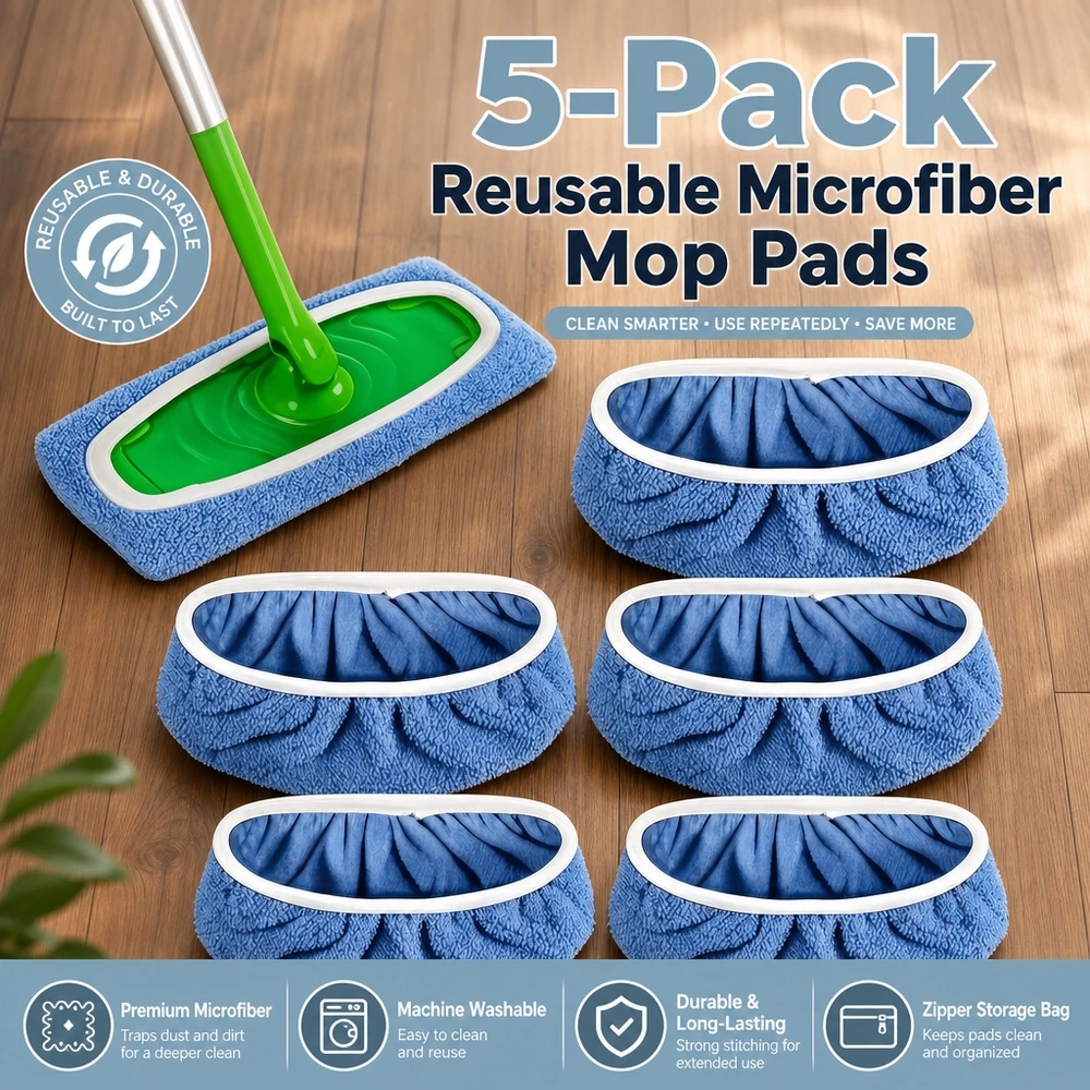 Reusable Wet and Dry Mop Pads 5 Pack Super Absorbent Microfiber for 10x4.5 Inch Head Ideal for Tile Wood Stone