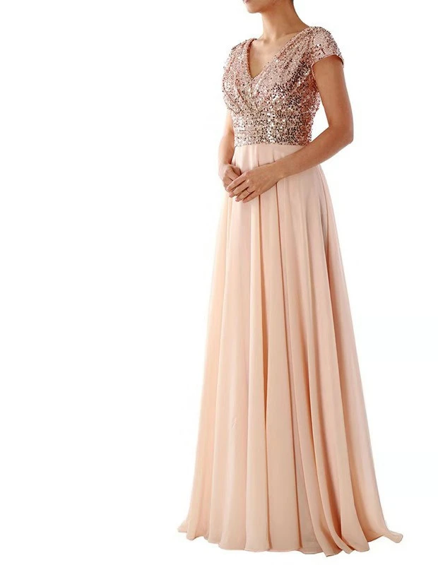 

2025 Summer New Dress V-neck Sequined Patchwork Evening Gown Long Skirt