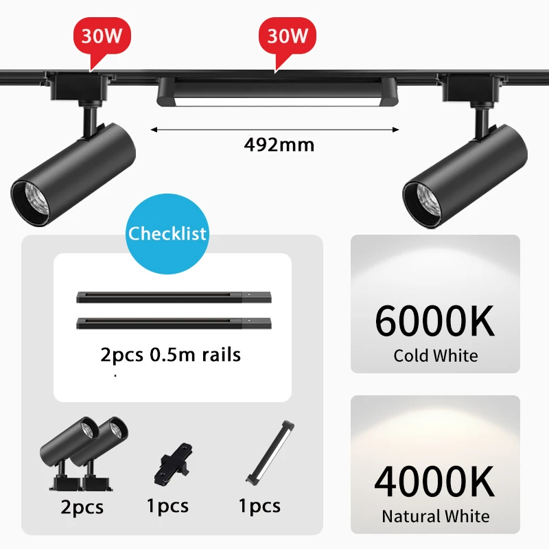 Spot Led Track Light Kit reflektor sufitowy Lampy szynowe 30W do domu Sypialnia Sklep Salon Kuchnia Szyna Oświetlenie