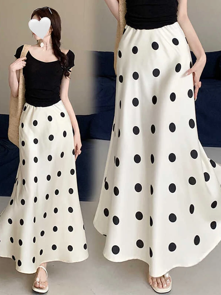 2024 Spring Y2K Dot Printed Women Casual Elastic Waist Skirt Elastic High Waisted A-Line Female Satin Long Skirt Jupe