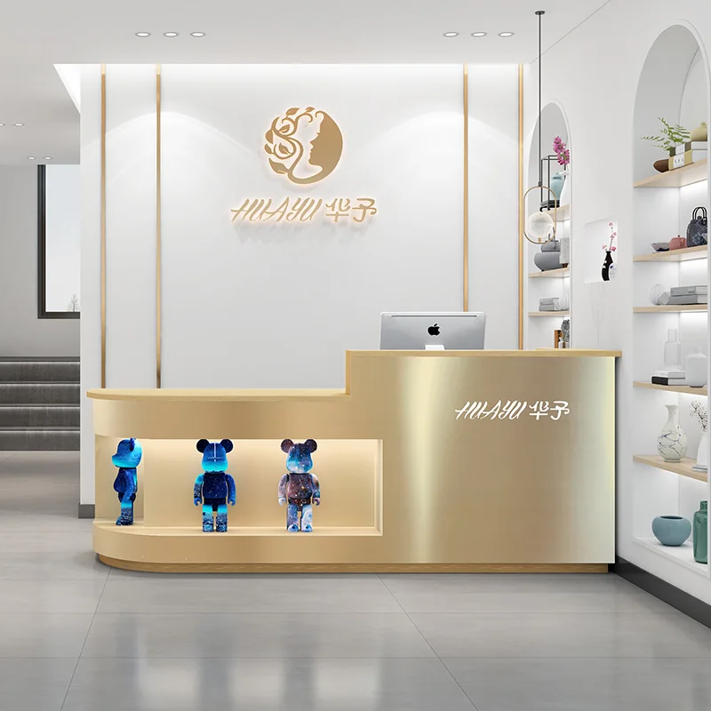 Luxury Metal Stainless Steel Gold Marble Reception Desk Customizable Logo For Store Front Desk