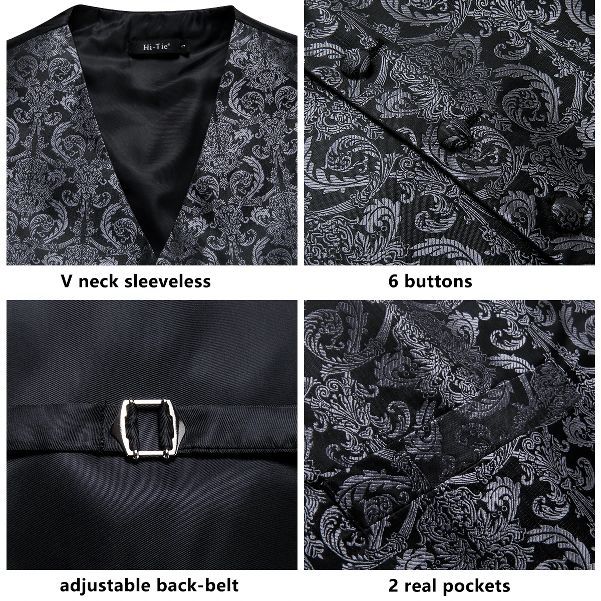 Hi-Dasi Hitam Mewah Paisley Pria Rompi Set Hanky Manset untuk Pernikahan 100% Sutra Rompi untuk Pria Emas rompi Kuning Klasik Rompi