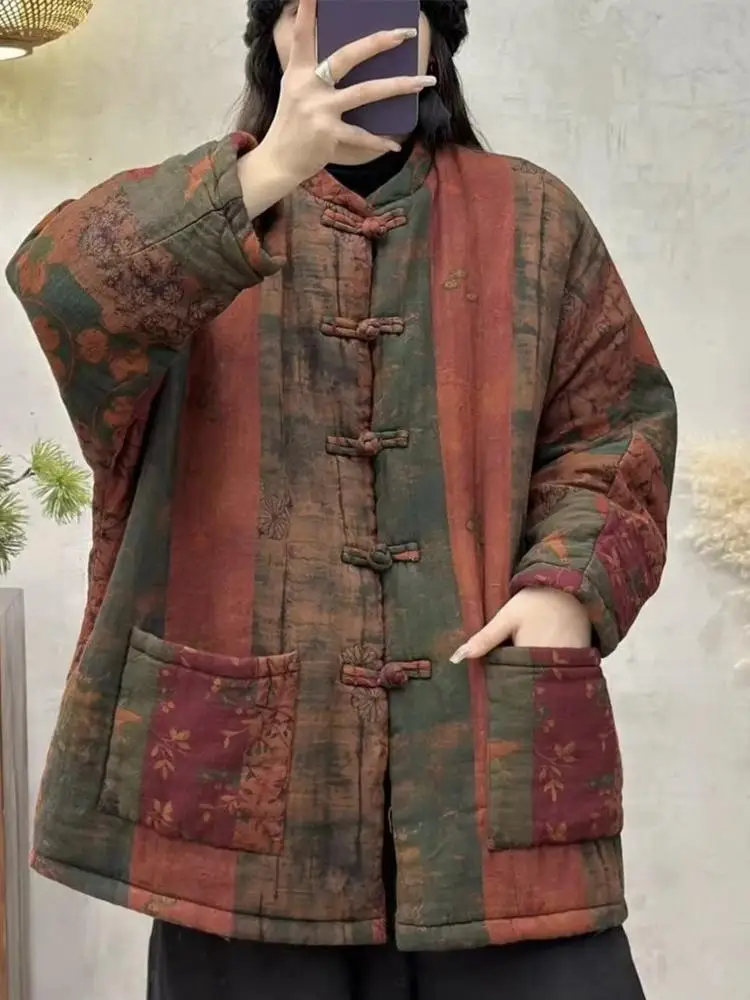 

Женская свободная теплая зимняя куртка из хлопка с этническим принтом в стиле ретро, с длинными рукавами, для повседневной носки, содержание хлопка 8%-90%