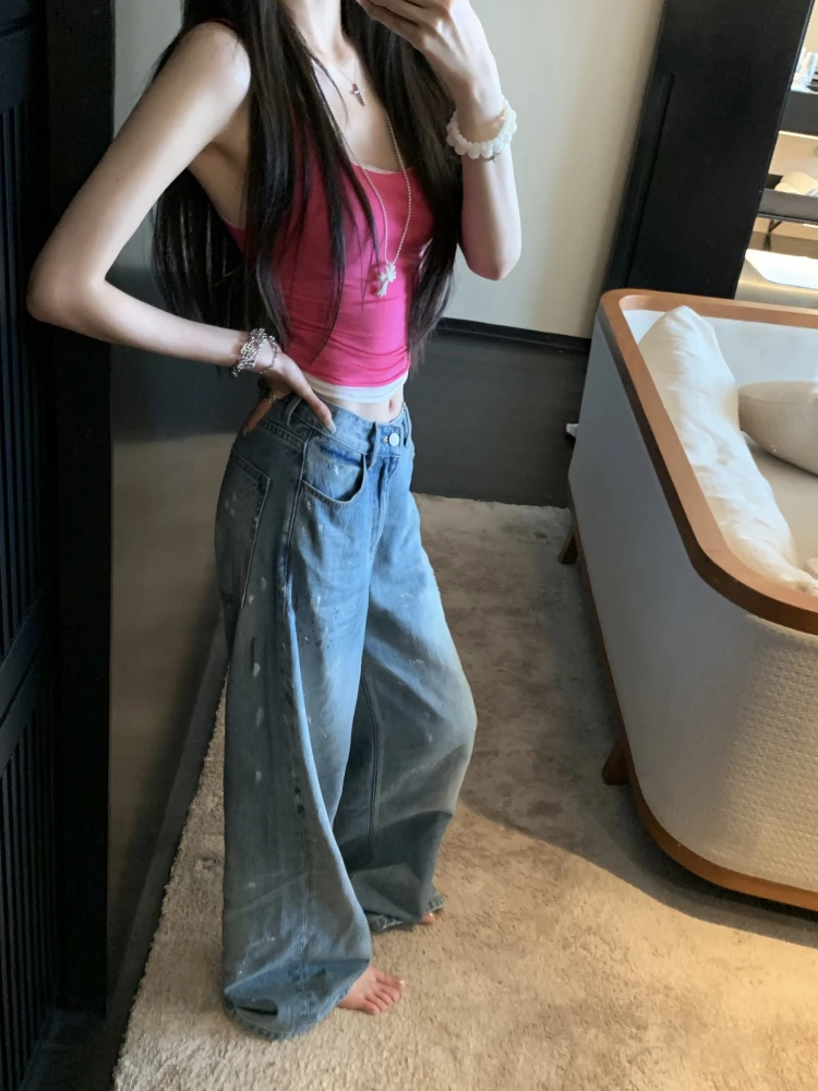 

Свободные прямые джинсы Широкие брюки American Sle Повседневные свободные синие джинсовые брюки для женщин Повседневная повседневная одежда