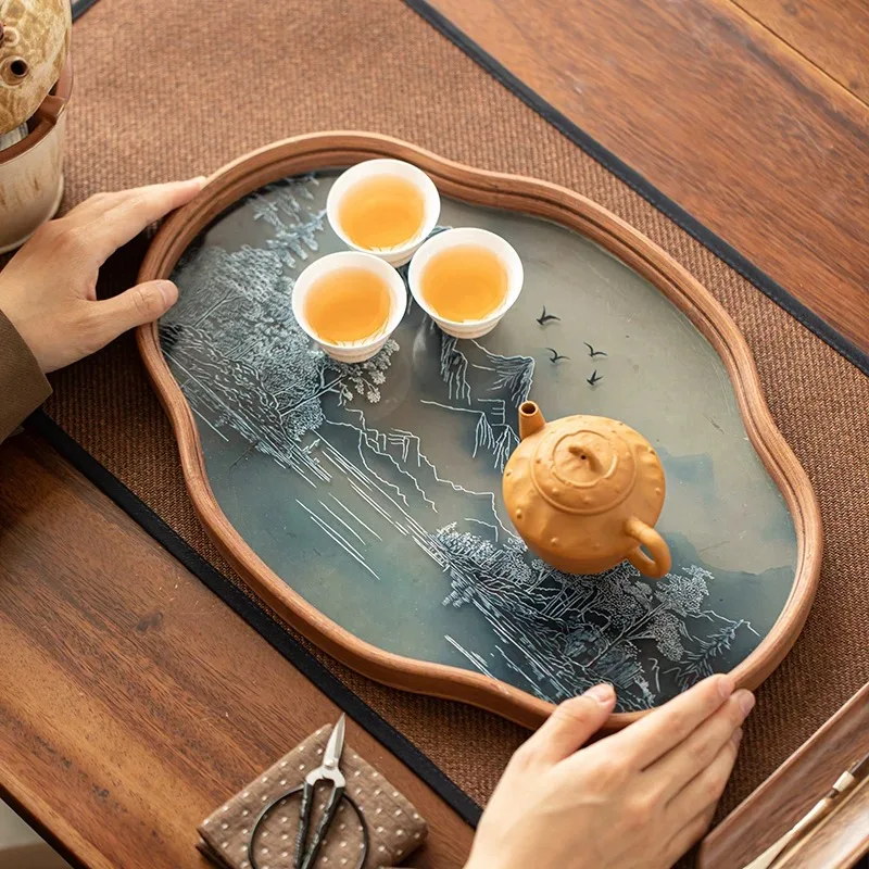 Simple Bamboo Wood Glass Tray Dry Brew Tea Tray Household Chinese Retro Ink Wind Begonias Flower Pot Bearer Gongfu Tea Tray