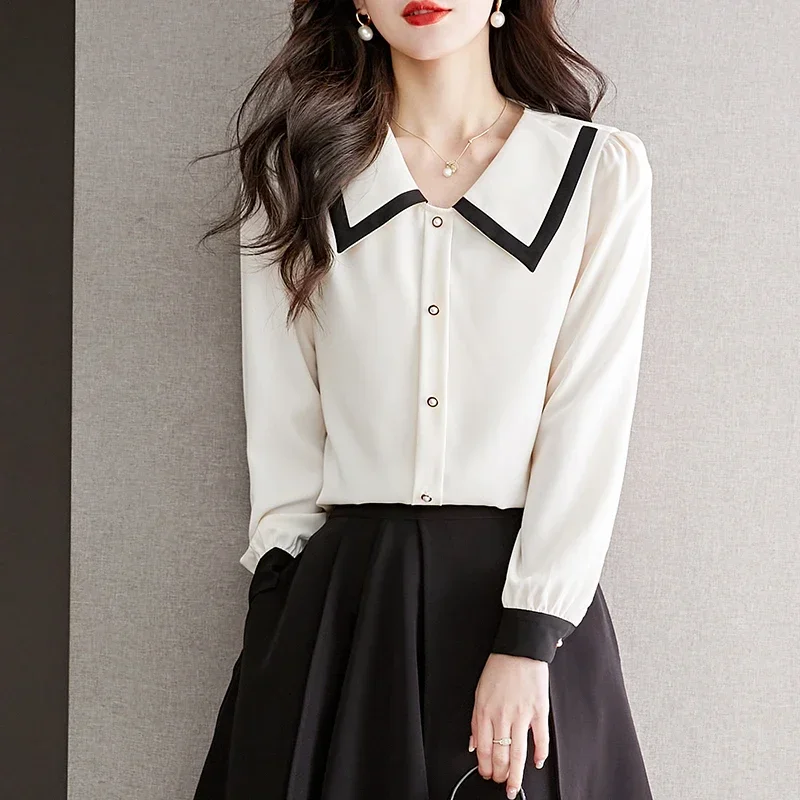 

Fashion Peter Pan Collar Women Blouse Elegant Office Lady Top Long Sleeve Chiffon Shirt Women Slim Button Up Female Blusas 29527