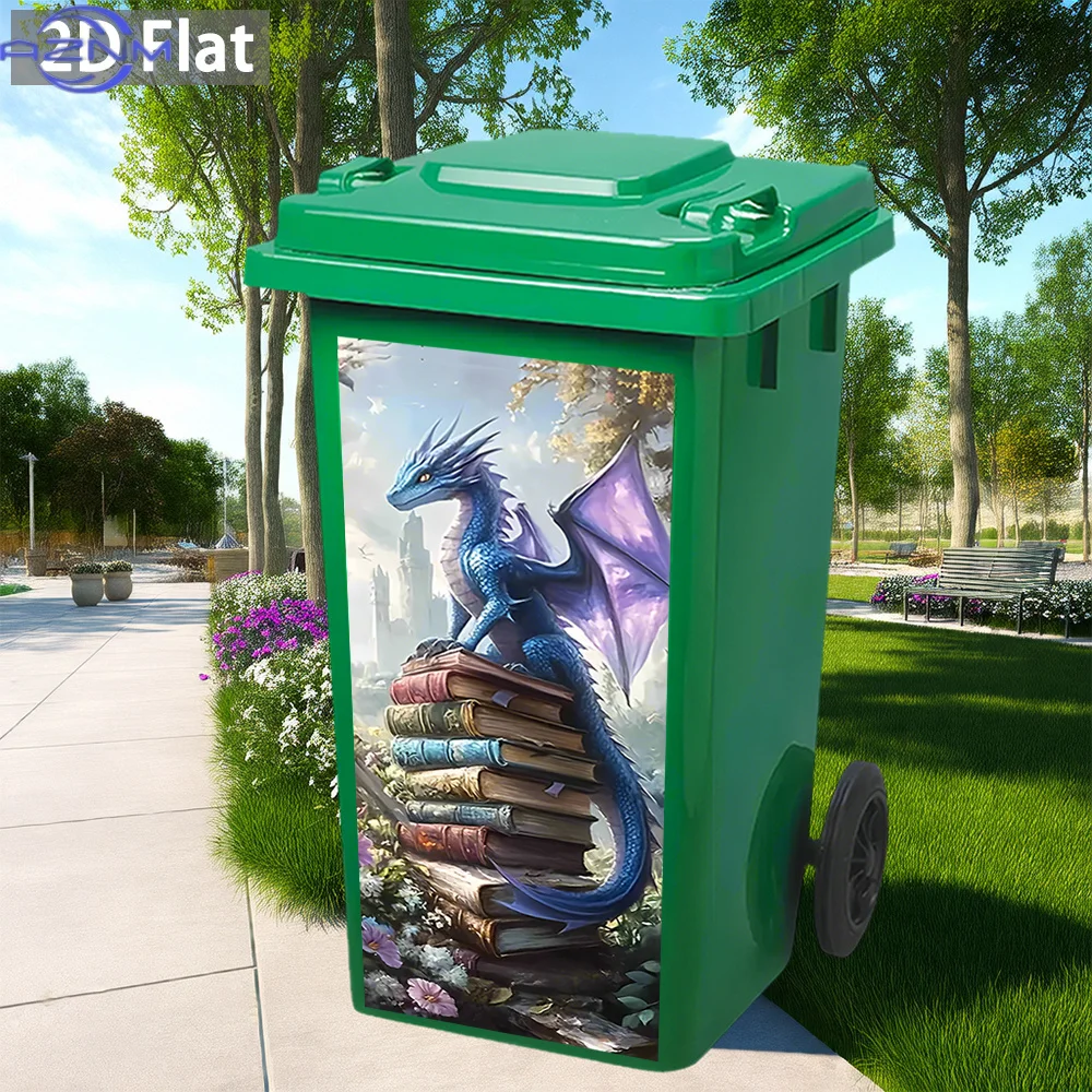 1pc Enchanting Blue Dragon Perched on Stacked Books: PVC Adhesive Waterproof Removable Trash Bin Sticker, Wall Decal, Home Art